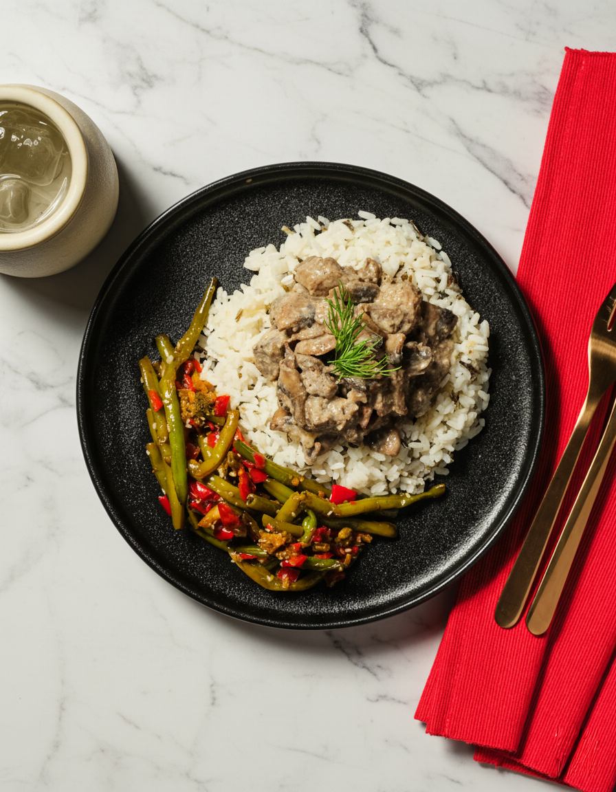 Kermainen naudanliha-sienipata villiriisillä