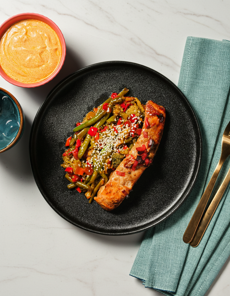 Thaimaustettu lohi ja kasvikset