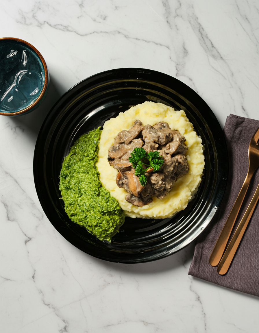 Kermainen naudanliha-sienipata perunamuusilla