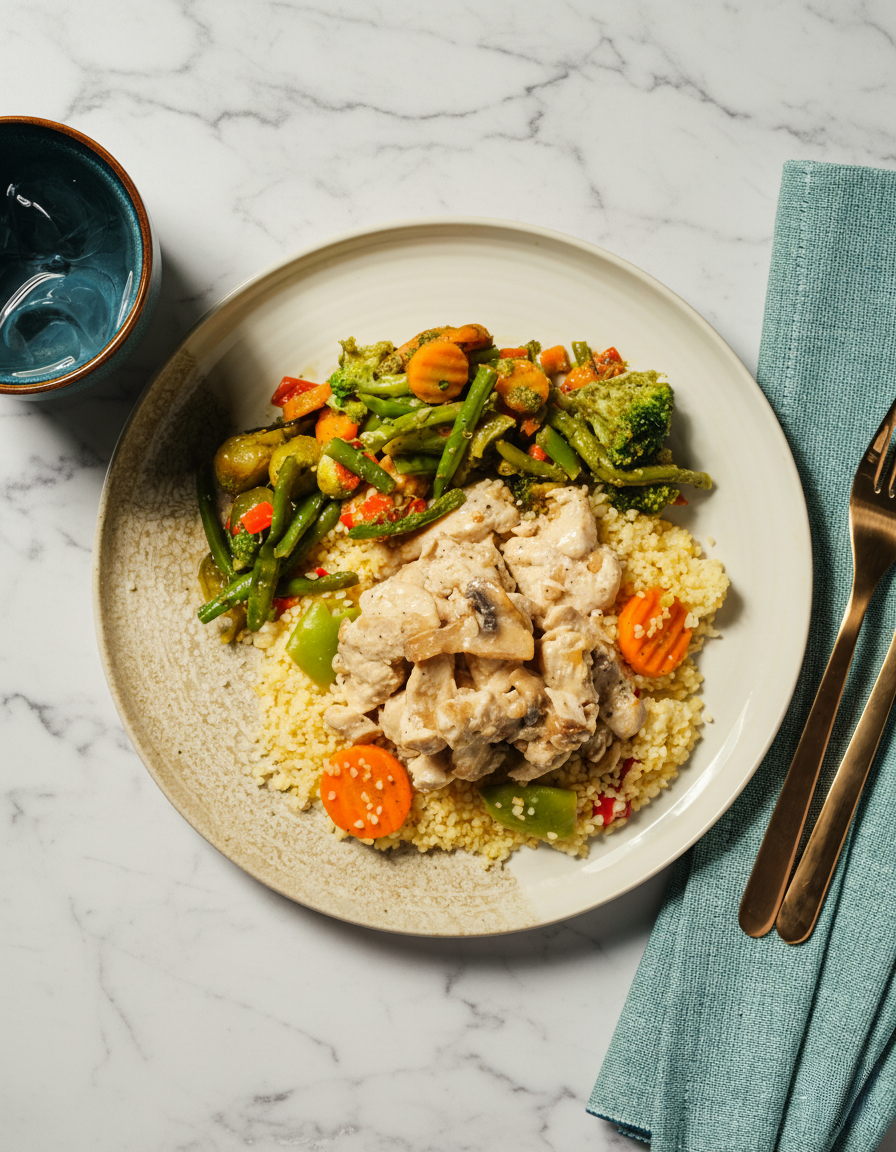 Kermainen kana-sienipata bulgurilla