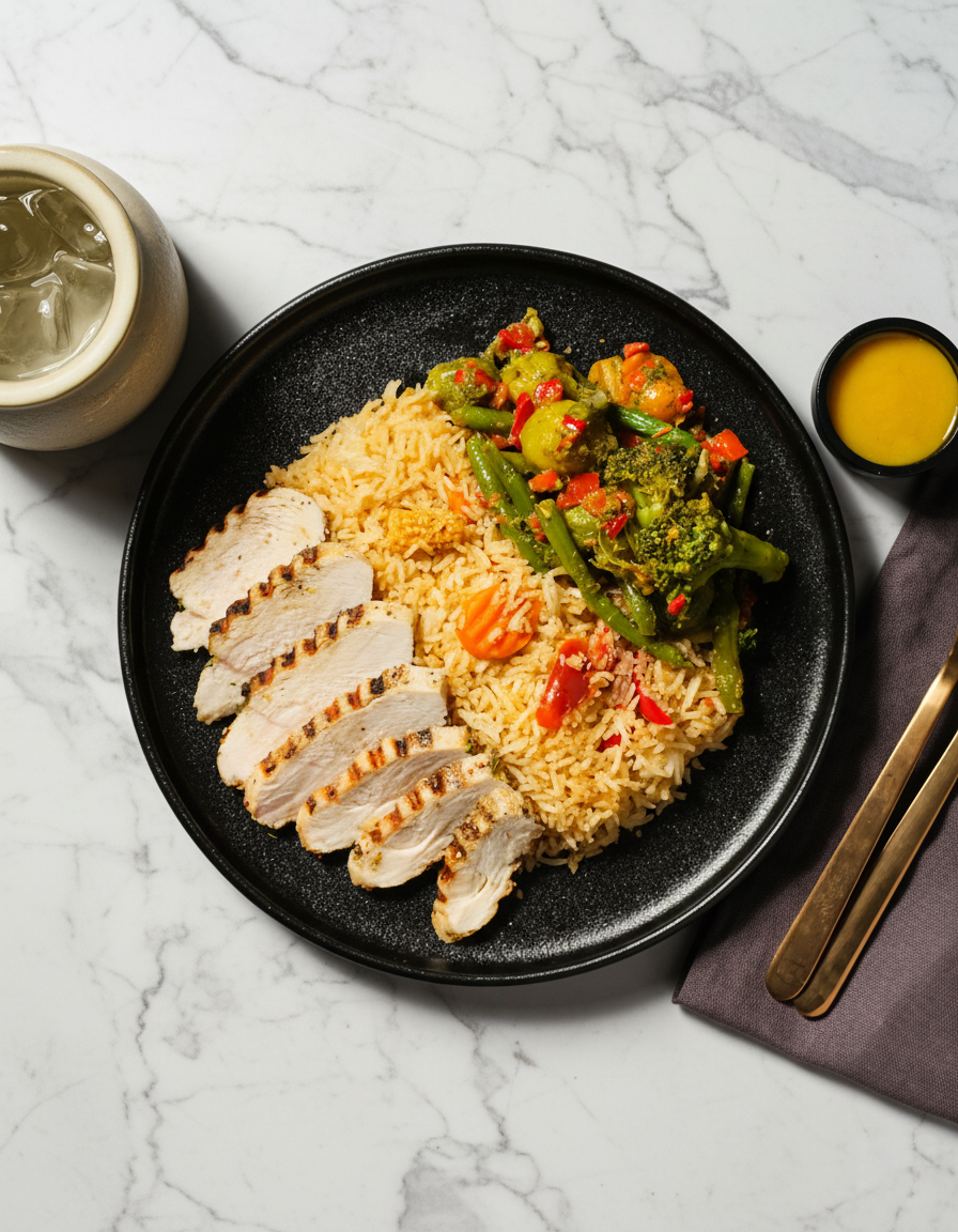 Hunajakuorrutettu kana basmatiriisillä ja kasviksilla