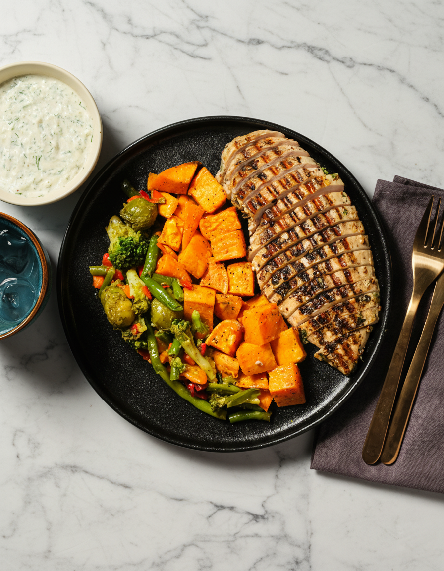 Sinappi-yrttikana ja bataatit