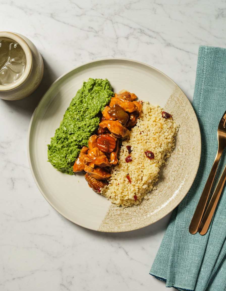 Teriyaki-kanaa bulgurilla, karpaloilla ja saksanpähkinöillä