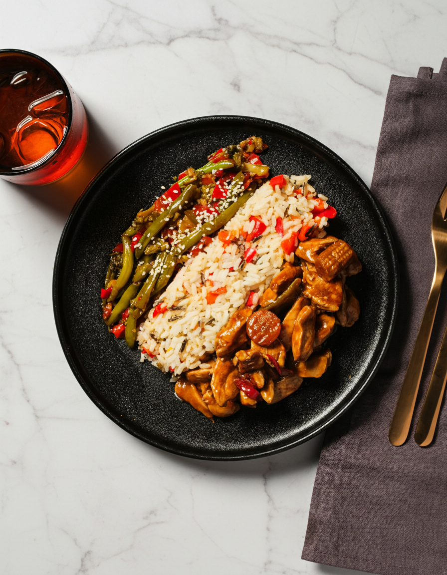 Teriyaki-kanaa villiriisillä ja paprikalla