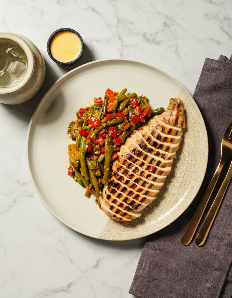 Thaimaalaistyyppinen kana kasviksilla ja juustokastikkeella