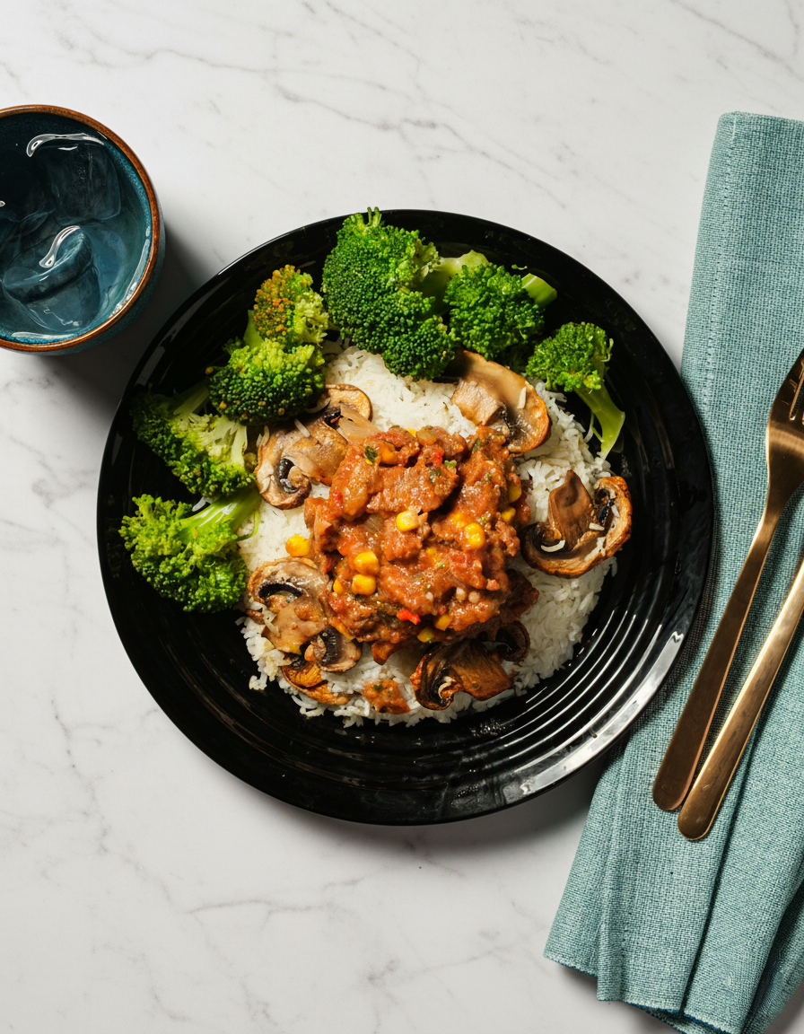 Naudanliha riisin ja sienten kera