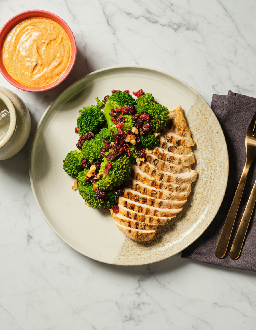 Sous vide -kanaa ja parsakaalia paprikakastikkeella