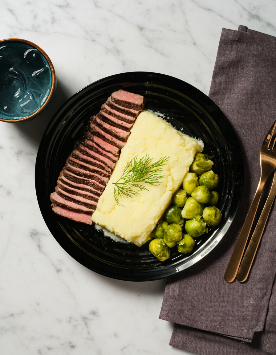 Viinissä marinoitu sous vide -naudanliha perunamuusilla