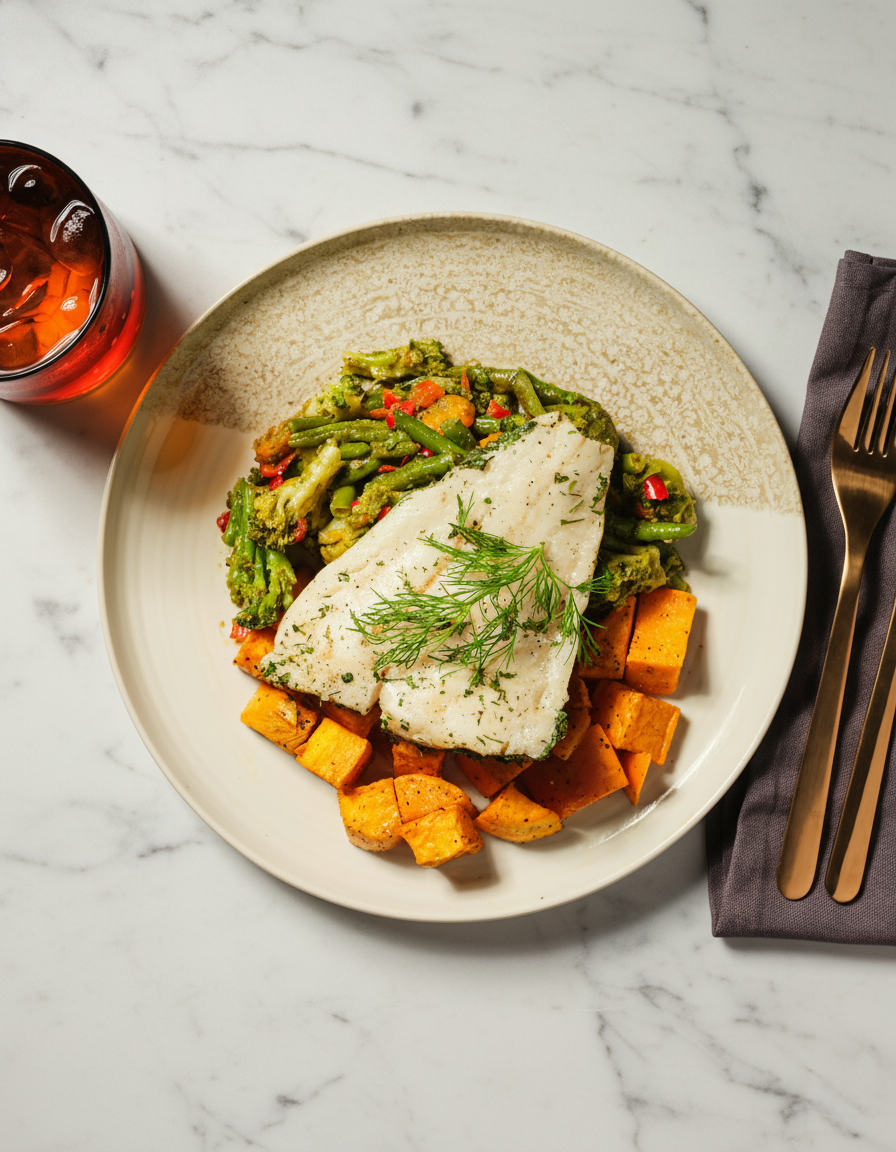 Turskaa ja bataattia kasviksilla