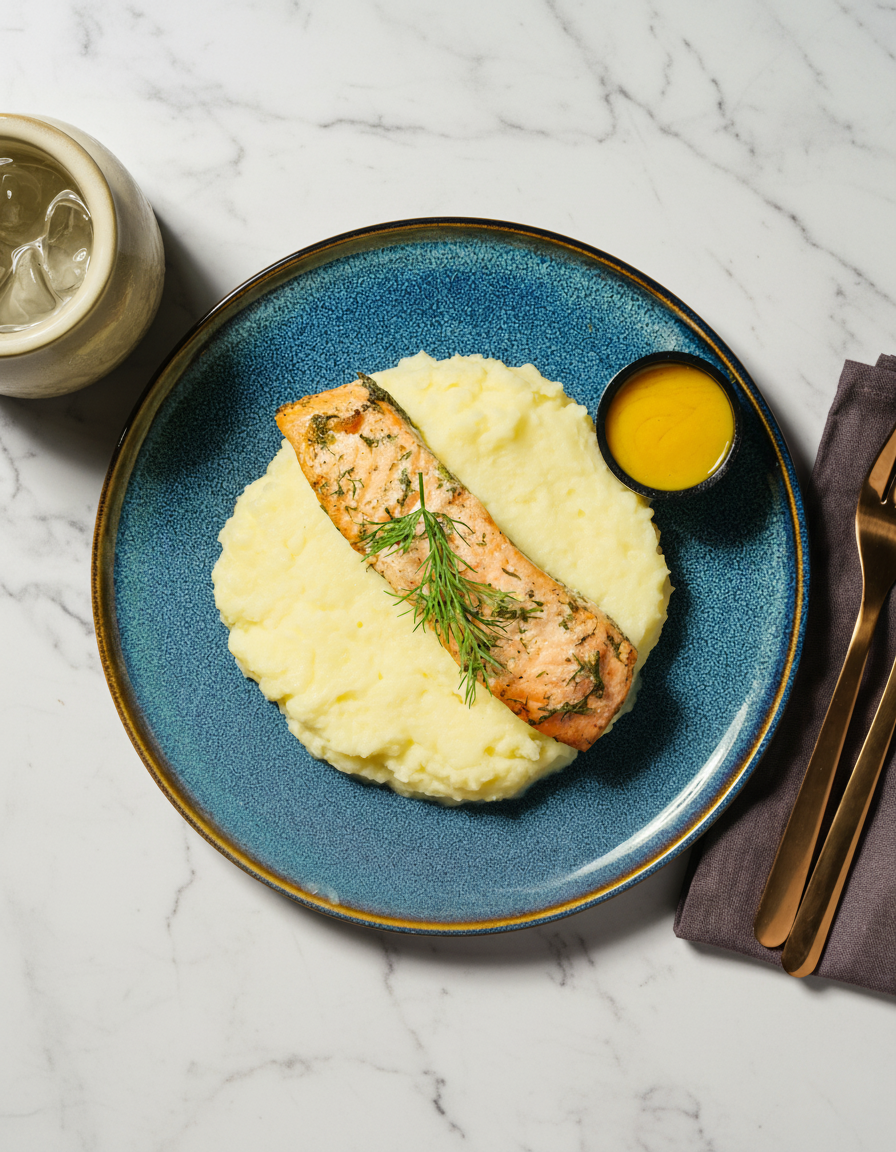 Lohta tillin, hunajavinaigretin ja perunamuusin kera