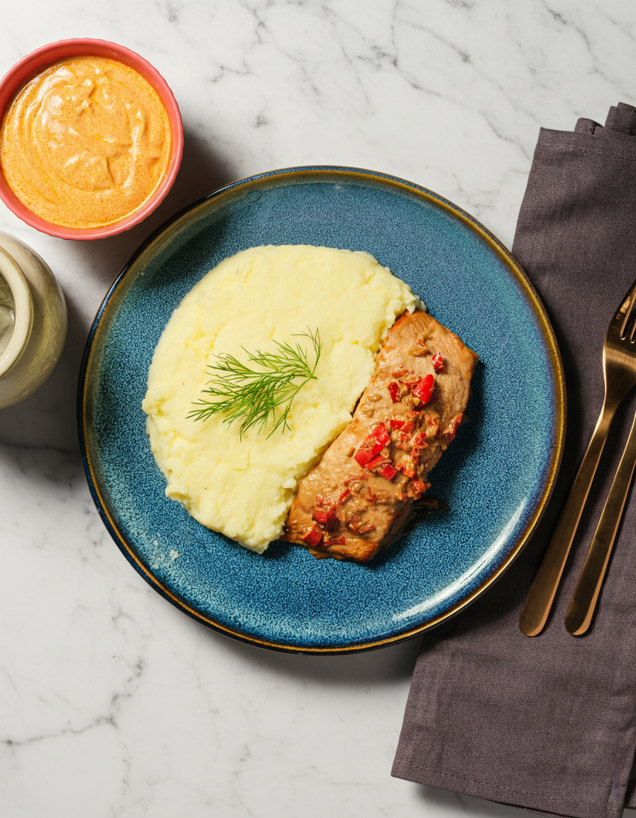 Thaimarinoitu lohi paprikakastikkeella ja kermaisella muusilla