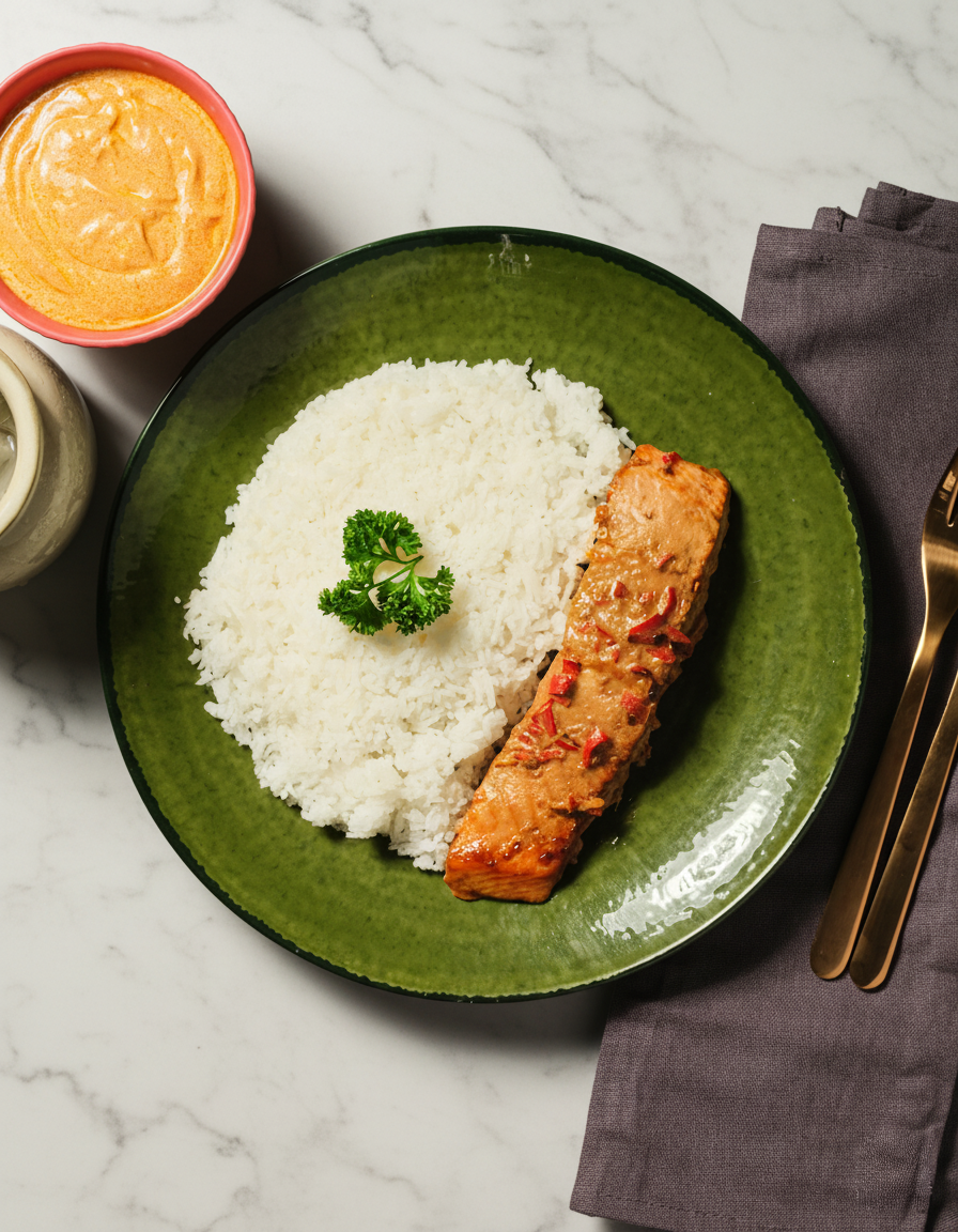 Thamarinoitu lohi paprikakastikkeella ja riisillä