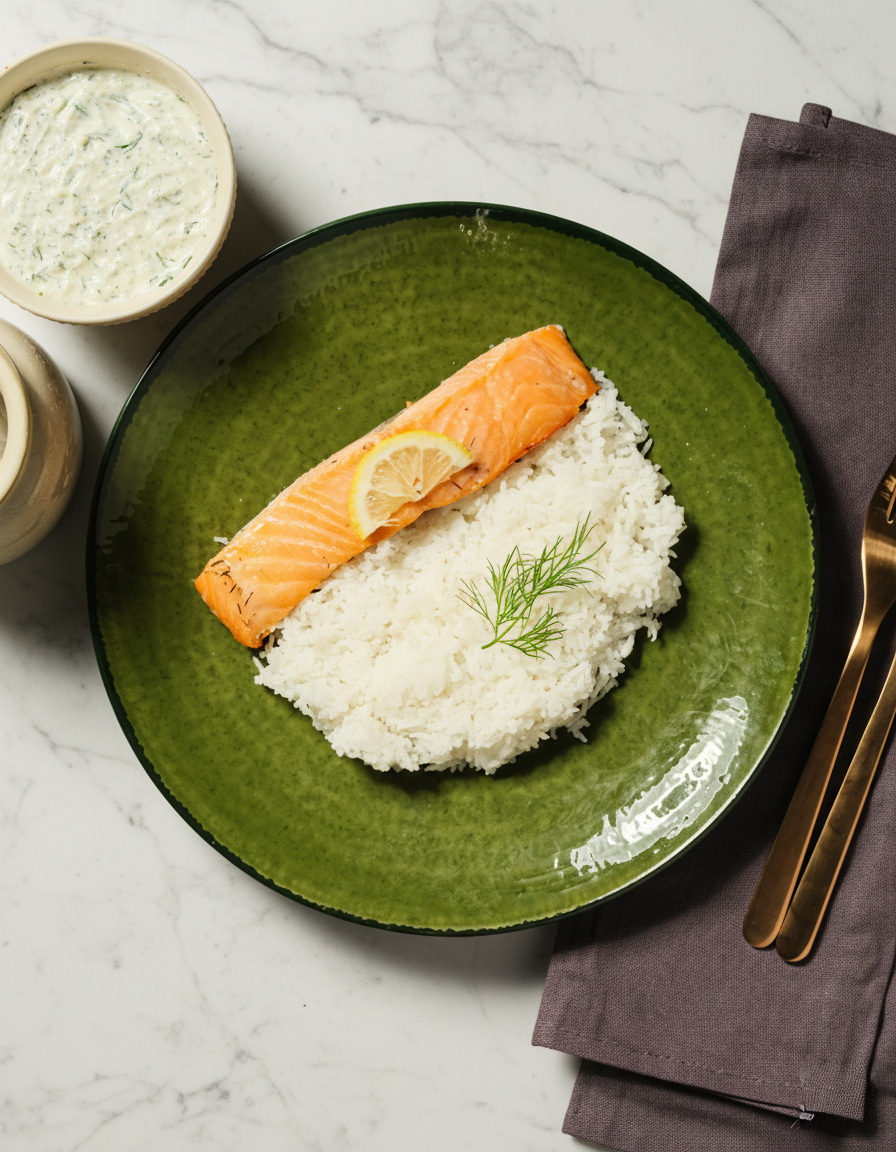 Tzatziki-lohi riisin kera