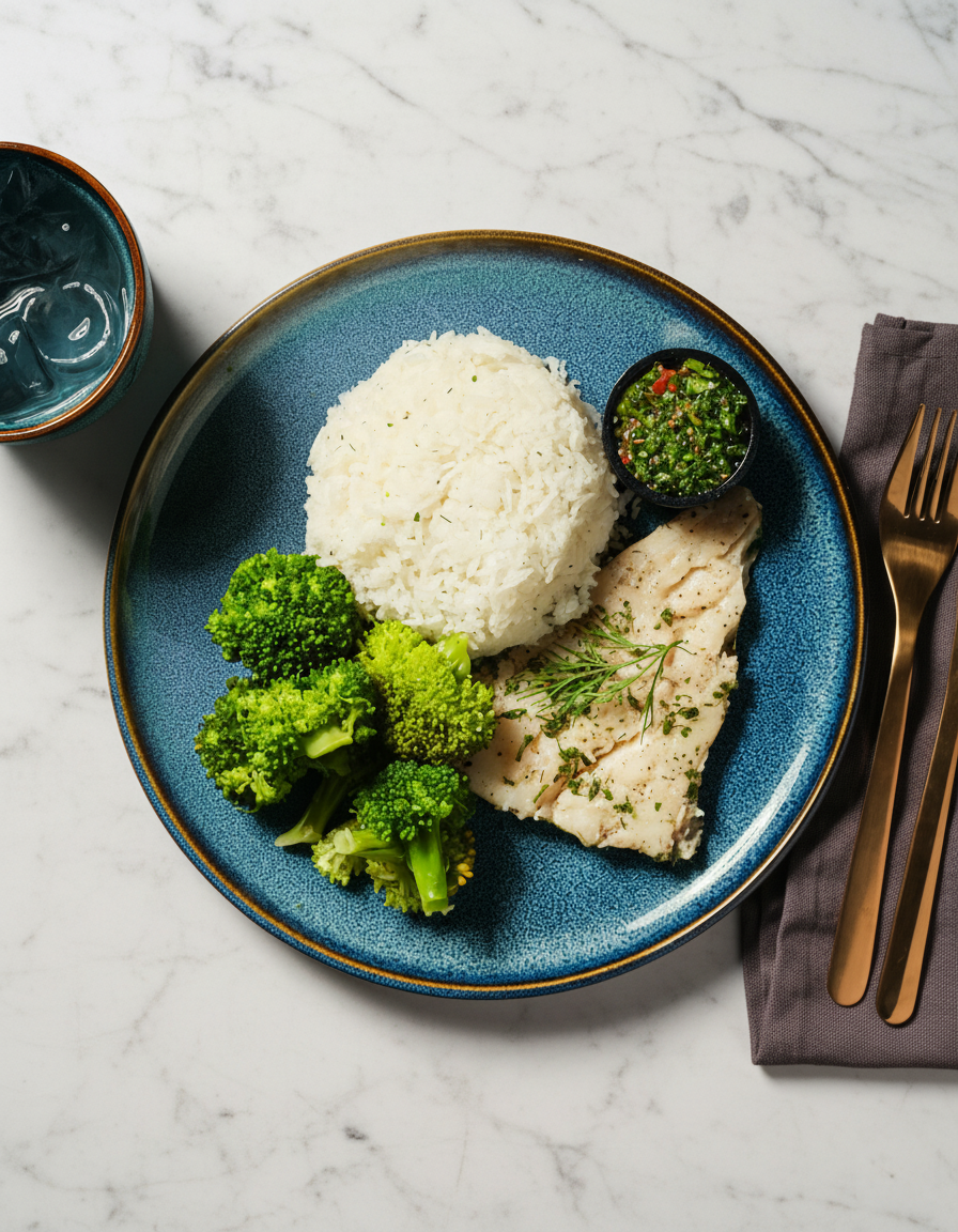 Turskaa chimichurrin, riisin ja vihreiden kera