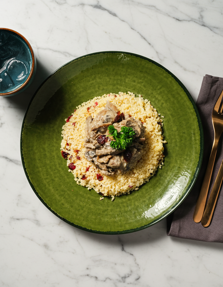 Kermainen naudanliha-sienipata karpalo-pähkinäbulgurilla