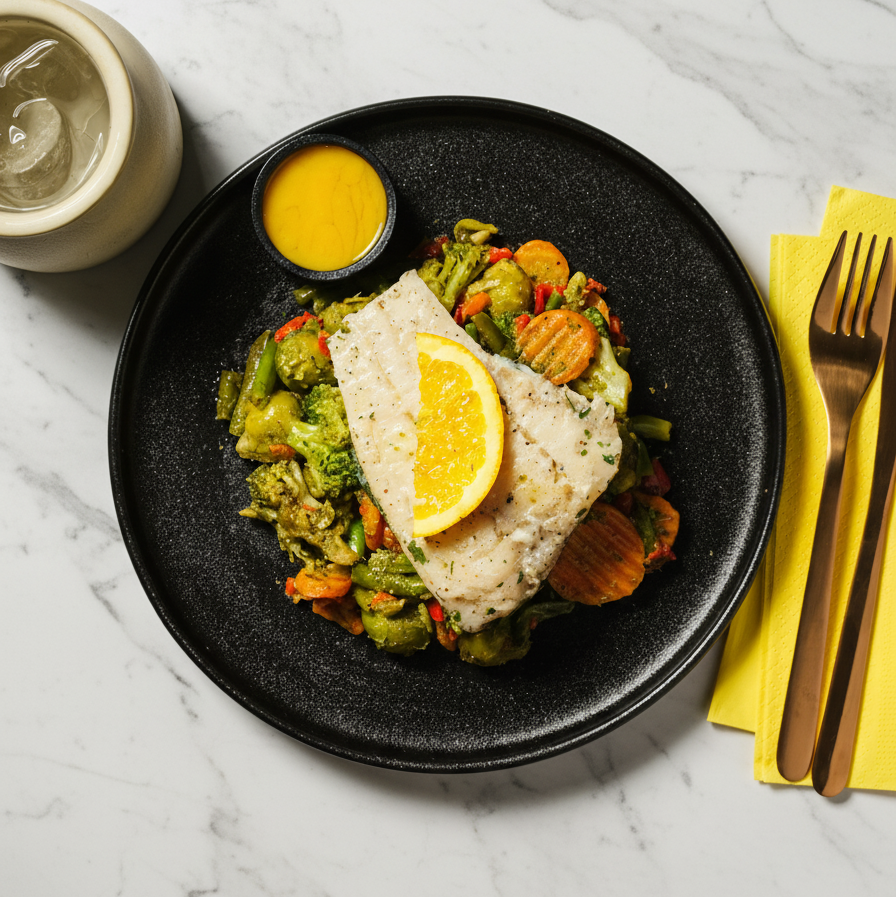 Turska hunajavinegretillä ja kasviksilla