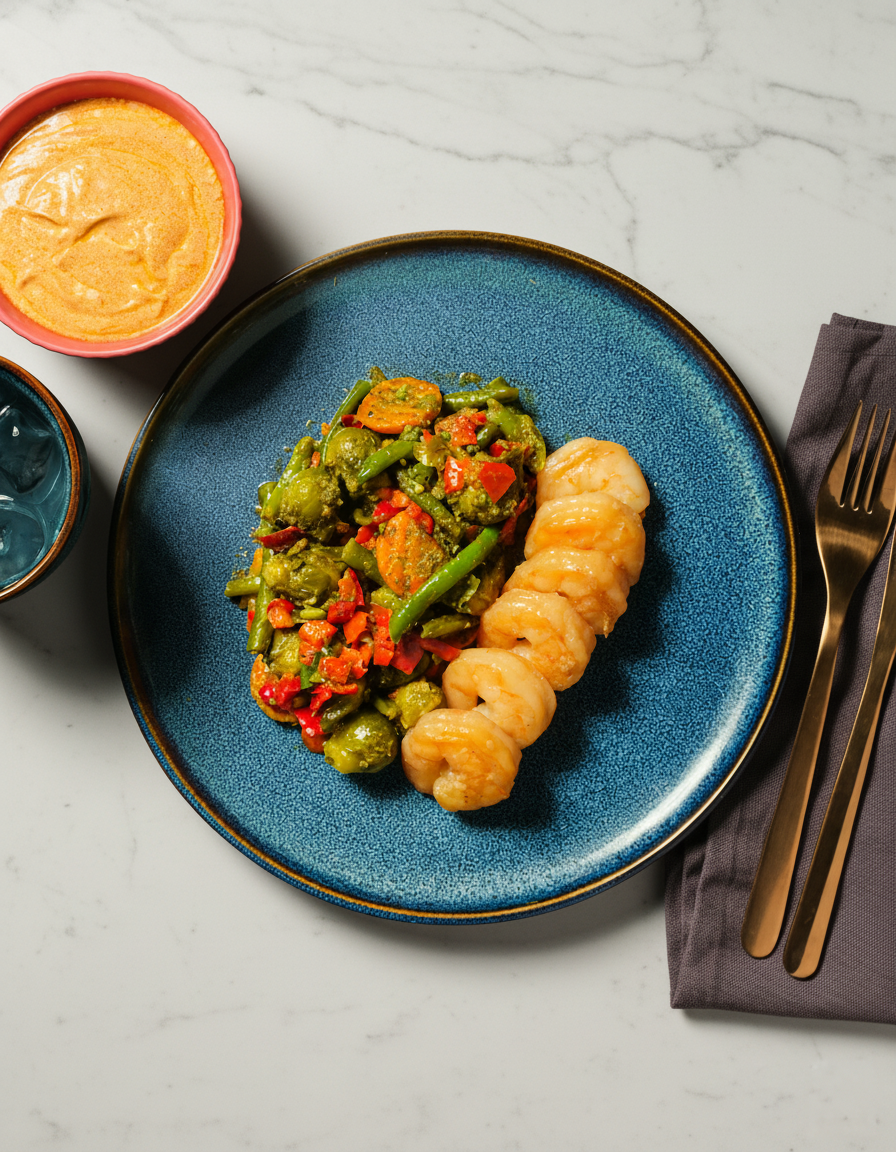 Jättikatkaravut vihanneksilla paprikakastikkeen kera