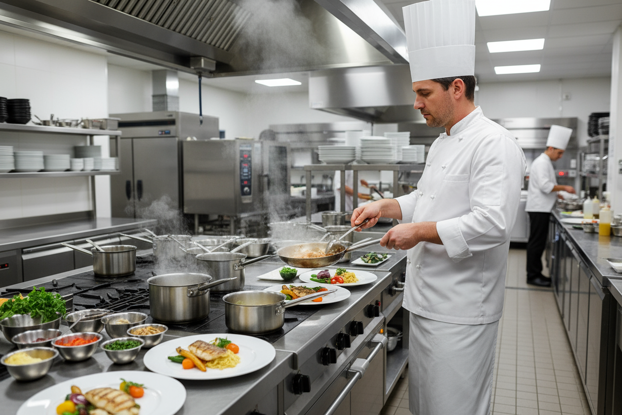 A professional chef is cooking a butch of meals